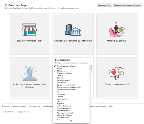 Créer une page Facebook - Choisir sa catégorie de page