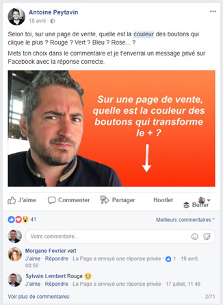 Antoine Peytavin : chatbots commentaires dans une publication Facebook