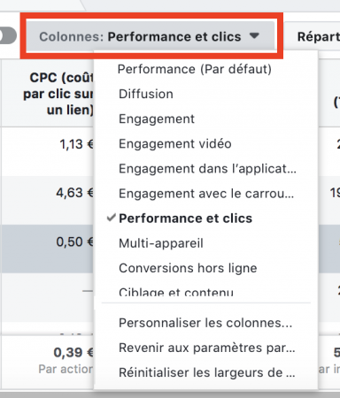 colonnes Facebook Ads
