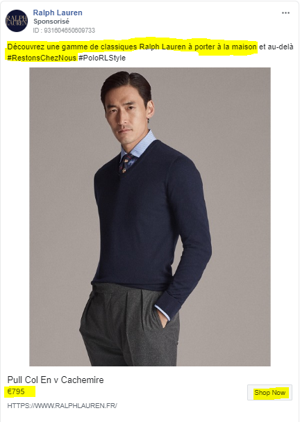 Facebook Ads e-commerce : exemple Ralph Lauren