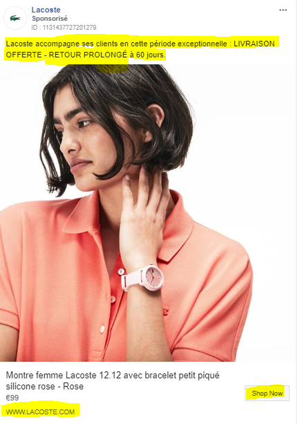 Lacoste : exemple Facebook Ads pour e-commerce