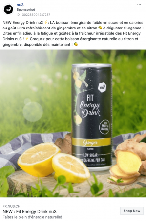 publicité Facebook boisson énergisante nu3