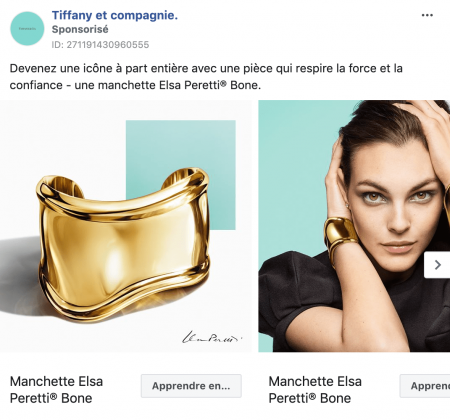 publicité Facebook Tiffany bijou manchette