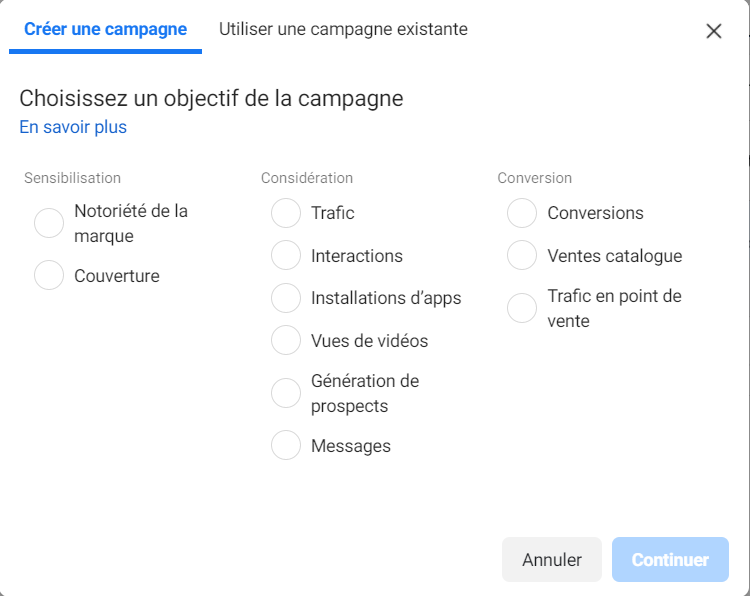 Facebook Ads - objectifs de campagne