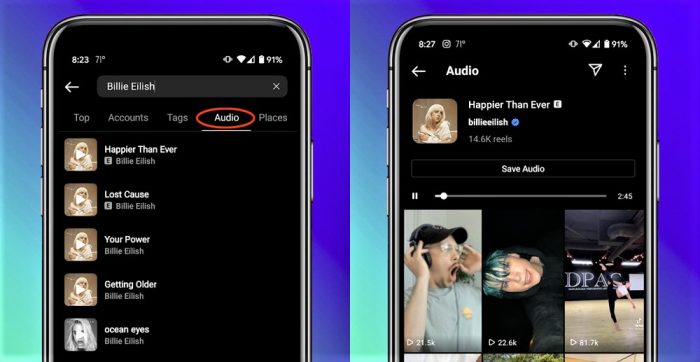 Instagram ajoute un nouvel onglet de recherche « Audio »